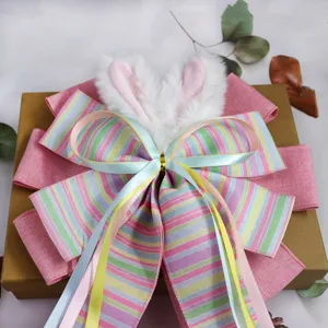 Easter bunny ears bow large decorative colorful striped ribbon holiday gift wrapping wreath accent