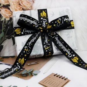 3.8cm black white glitter graduation ribbon for gift wrapping, student back to school webbing.