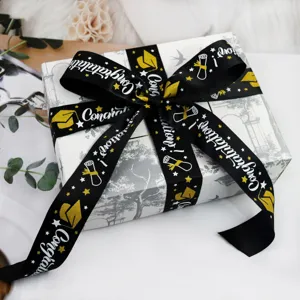 Black and white graduation ribbon 3.8cm glitter hot stamping gift packaging webbing