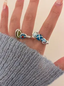 Handmade wire wrapped glass and natural stone open ring, minimalist cool style for women.