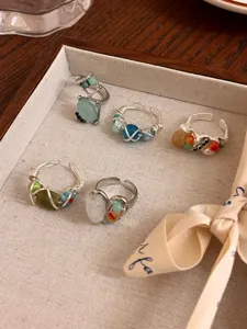 Handmade natural stone beaded open rings set minimalist stacking rings for women stylish