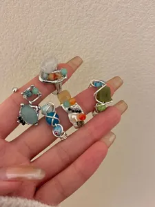 Handmade natural stone gemstone wire-wrapped open stackable rings, colorful aesthetic rings.