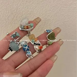 New Chinese Handmade Beaded Natural Rough Stone Open Adjustable Ring Women Retro Cold Style Fashion Finger Jewelry