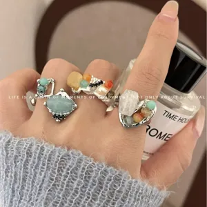 Handmade natural stone adjustable stacking rings with irregular metal design for women.