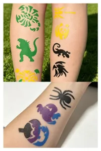 Detail shot of body paint stencil templates featuring scorpion, dinosaur and spider designs on skin.