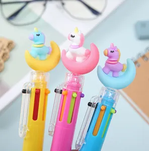 Cute unicorn 6-color ballpoint pen detail showcasing vibrant multiple ink refills and top figurine.