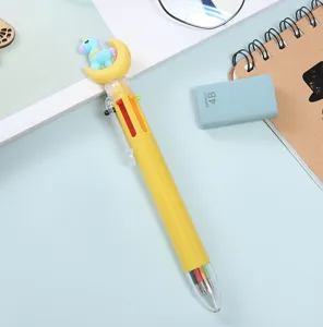 Cute unicorn multi-color ballpoint pen detail view showing 6-color refill and yellow barrel.