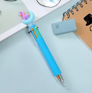 Cute cartoon unicorn multi-color press ballpoint pen, student stationery detail view.