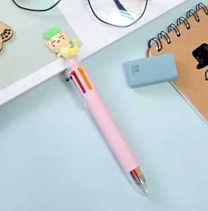 Cute cartoon multi-color push ballpoint pen detail view, six-color student stationery.