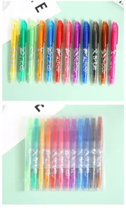 Ensemble de stylos gel effaçables avec 12 couleurs vives et boîte de rangement PVC pour élèves.