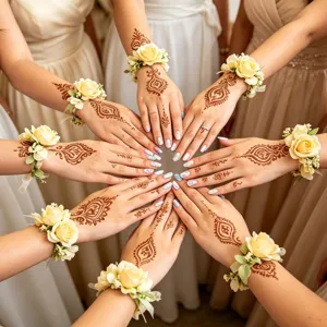 Squisito corsage da polso con rosa gialla artificiale e adesivo per tatuaggio a mano all'henné.