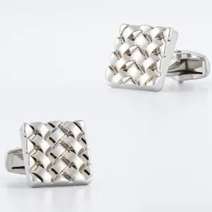 Silver metallic cufflinks for men, classic woven design French shirt accessories stylish