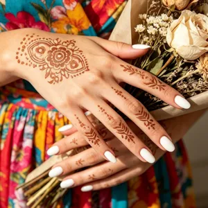 Dettaglio ravvicinato di un adesivo per tatuaggio temporaneo per mani con disegno floreale.