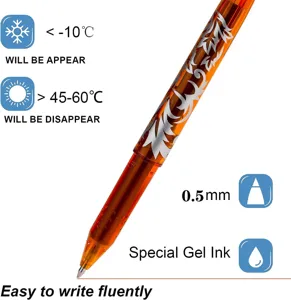 Detailaufnahme des 0.5mm radierbaren Gelstiftes mit Spezial-Thermo-Tinte und orangem Gehäuse.