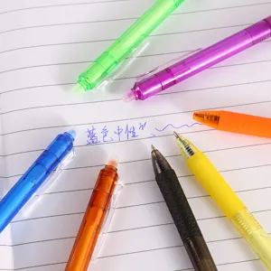 Detailaufnahme von bunten radierbaren Gelstiften mit klaren Farben und Druckmechanismus.