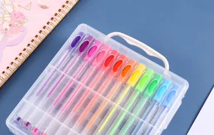 Colorful glitter gel pen set with transparent storage box for student writing and drawing art.
