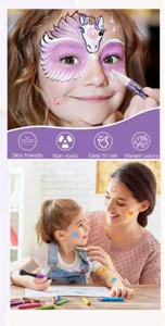 Vue détaillée du stylo de peinture pour visage d'enfant, sûr, non toxique et doux.