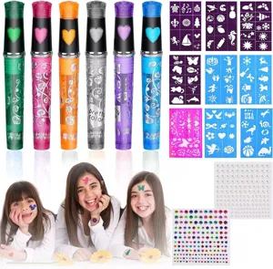 Kit tatuaggi temporanei bambini DIY con stencil, gemme per viso e penne gel colorate.