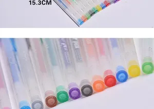 Detailed view of colorful glitter gel pens set with transparent barrels and 15.3cm length.