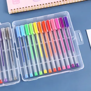 Colorful glitter gel pen set with clear storage box for school and daily journaling use.