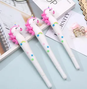Joli stylo gel licorne avec embout de dessin animé souple, écriture fluide papeterie.