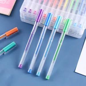 Detailed close-up shot of colorful gel pens with transparent body and vibrant ink refills.