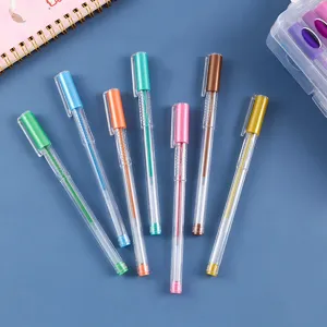 Detailed shot of colorful glitter gel pens set, clear barrels, vibrant ink colors, stationery.
