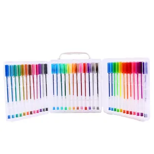 Detailed view of 36-color glitter gel pen set in clear folding box, vibrant colors for students.