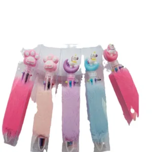 Cute cartoon multi-color plush ballpoint pen set with unicorn and cat paw designs.