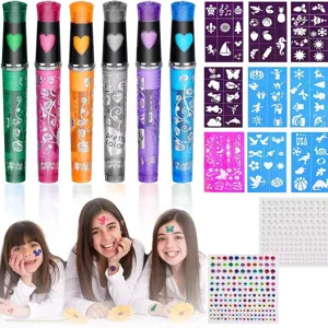 Kit Tatuaggio Temporaneo per Bambini DIY Body Art Penne da Pittura Adesivi con Strass Glitter Trucco per Feste