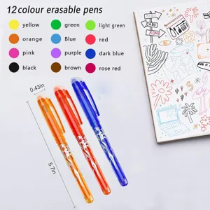 Vue détaillée de 12 stylos gel effaçables aux couleurs vives avec nuances et dimensions claires.