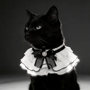 Detailansicht des eleganten Katzenhalsbands aus weiße Spitze mit schwarzer Schleife und Perle.