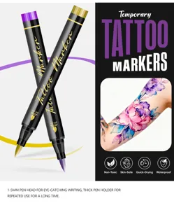Temporary tattoo marker detail view, 1-5mm pen head, waterproof and quick-drying design.