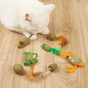 Cute catnip silvervine cat toy set detail view, interactive teeth cleaning chew toys for cats.