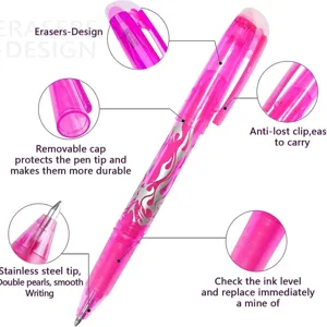 Stylo gel effaçable rose avec motif de flamme, capuchon amovible et clip pour une écriture fluide.