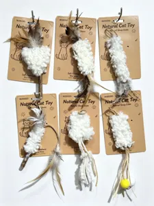 Cat toy wool feather natural interactive pet teething cleaning toy hanging detail view.