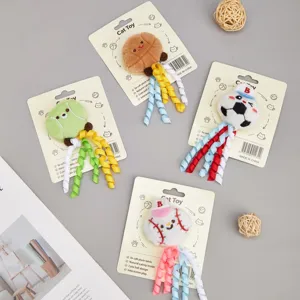 Plush catnip ball cat toys with colorful ribbons, sport theme design, set of four.