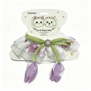 Haustier Katze Hund Spitzenhalsband mit gruenem Band lila Tulpenanhaenger verstellbares Design
