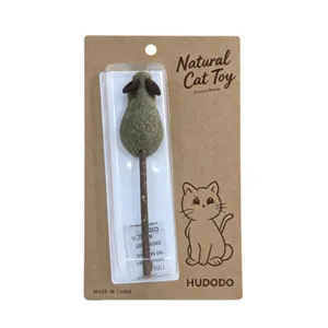 Natural catnip chew toy with wooden stick and felt ears in retail packaging for dental care.