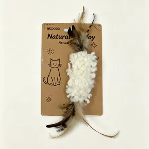 Natural cat toy with fluffy plush and feathers on backing card, perfect for interactive pet play.