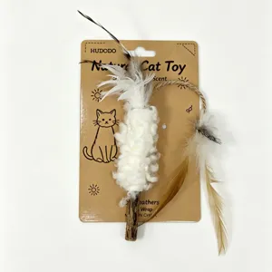 Natural wool cat teaser toy with feathers and wooden stick, interactive pet toy for cats.