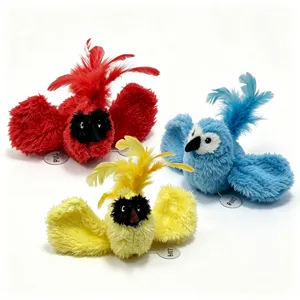 Interactive plush bird cat toy with tweeting sound and colorful feathers for pets.