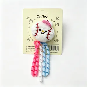 Cute plush baseball cat toy with colorful curly ribbons and catnip for interactive play.