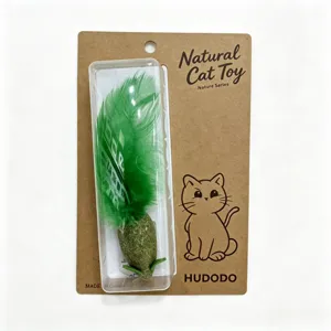 Natural cat toy with green feather and catnip, interactive pet chew toy packaging detail