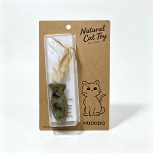 Natural catnip silvervine grinding stick toy with feather for pets, packaged card.