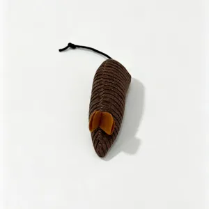 Plush mouse cat toy detail view, soft brown corduroy interactive pet toy for cats.