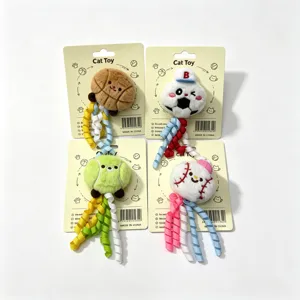 Cute plush cat toy set with basketball, football, tennis and baseball ball shapes.