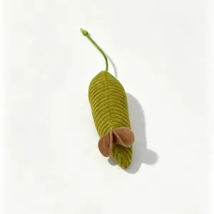 Cute green plush mouse cat toy with long tail and brown ears, perfect for pet entertainment.