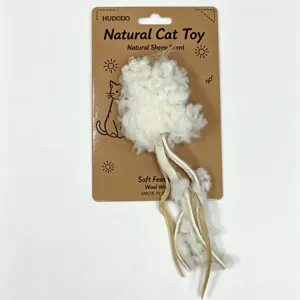 Natural wool cat toy with hanging card packaging, perfect for teething and daily pet entertainment.