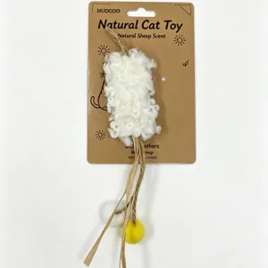 Natural cat toy with wool and feathers, interactive pet toy for indoor cats playing.